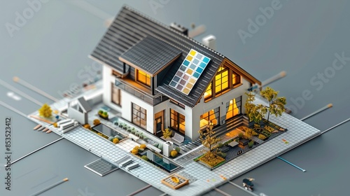 3D rendering of an architectural design software interface with color swatches and a digital construction model house on a grey background, isometric view. Generative AI. © visoot