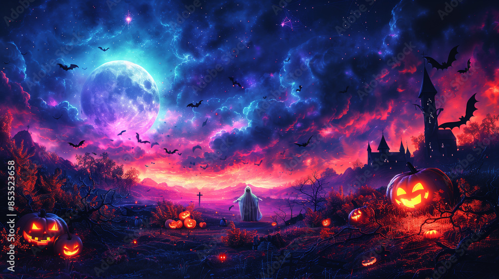A vibrant Halloween scene featuring a full moon, bats, pumpkin, a ghost, and a haunted castle under a colorful sky. A vibrant Halloween scene featuring a full moon, bats, pumpkin, a ghost, and a haunted castle under a colorful sky.