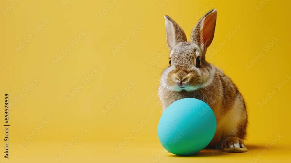 Fototapeta premium Easter bunny rabbit with blue painted egg on yellow background. Easter holiday concept