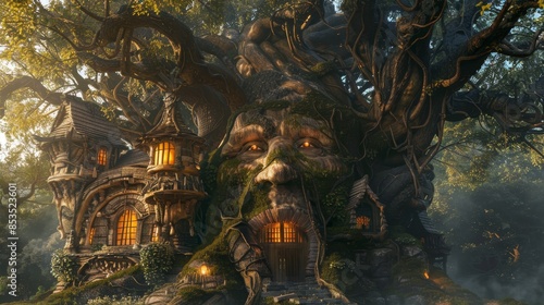 Enormous enchanted tree with a face and mouth, fantasy setting, detailed house built into it, ethereal and mystical atmosphere
