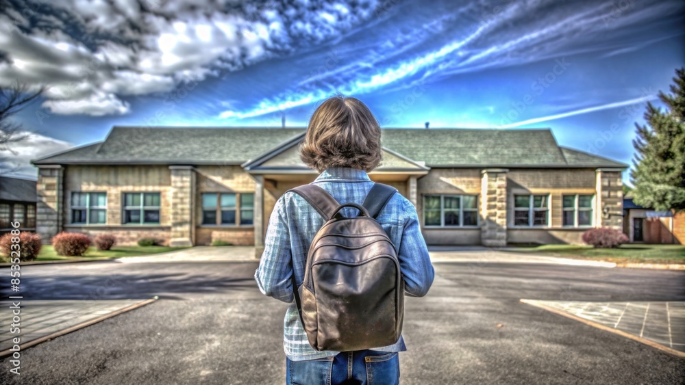 A student wearing a uniform and backpack, standing in front of a school building A student wearing a uniform and backpack, standing in front of a school building