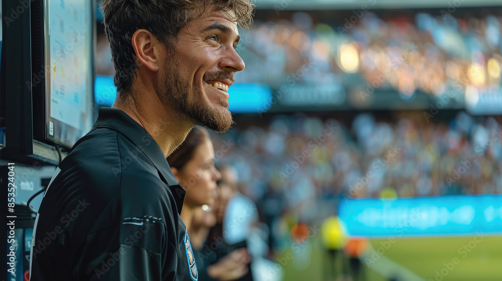 A soccer referee happy is watching and touching monitor VAR, behind him a crowd in soccer stadium. Generative AI. A soccer referee happy is watching and touching monitor VAR, behind him a crowd in soccer stadium. Generative AI.