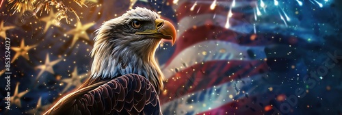Majestic bald eagle with American flag and fireworks background, representing freedom, patriotism, and national pride. photo