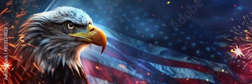 Majestic bald eagle with American flag in background, symbolizing patriotism and freedom, surrounded by fireworks.