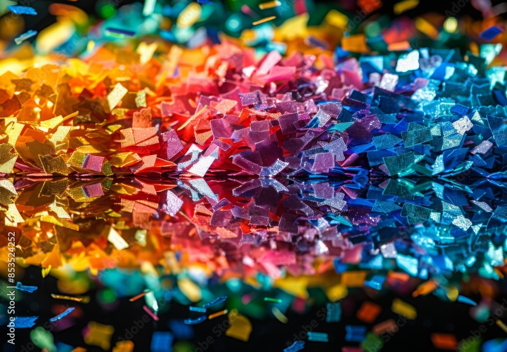 A close-up of multicolored confetti pieces on a reflective surface A close-up of multicolored confetti pieces on a reflective surface