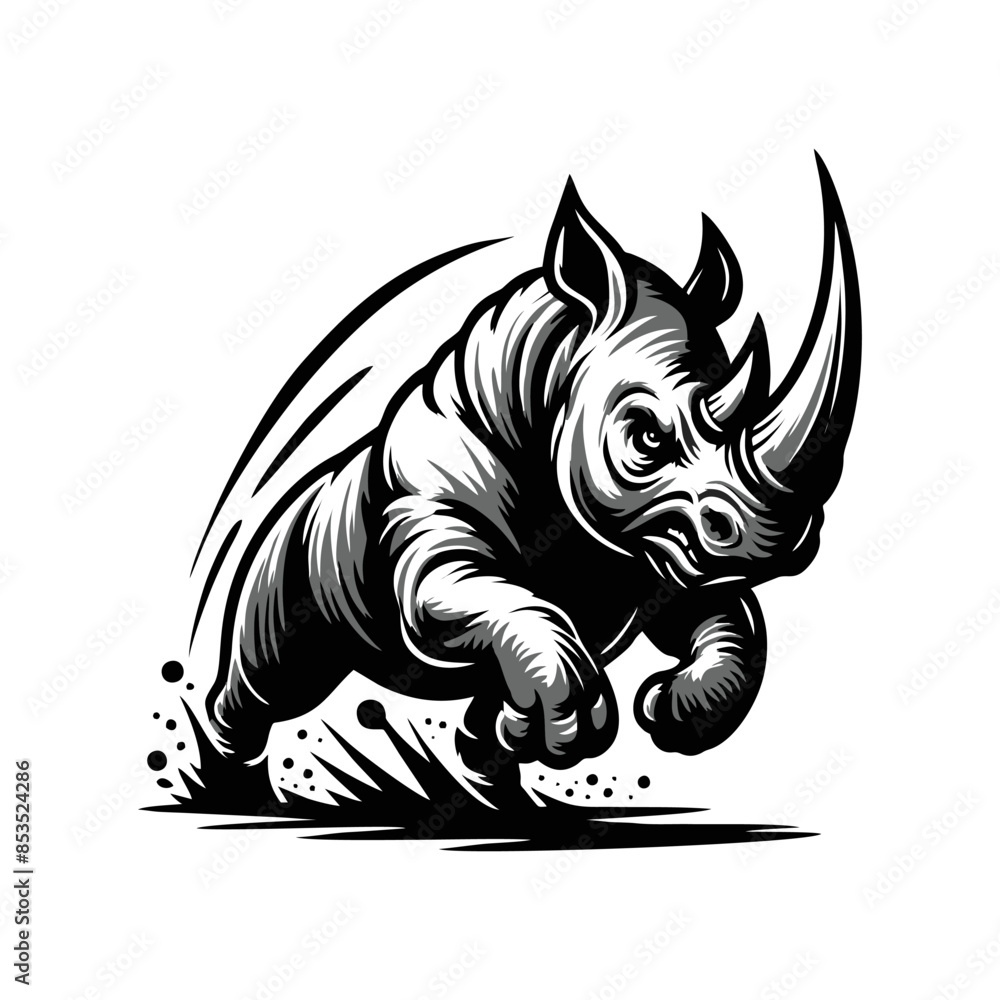 Obraz premium Angry running rhinoceros logo design. Rhino horn design vector illustration