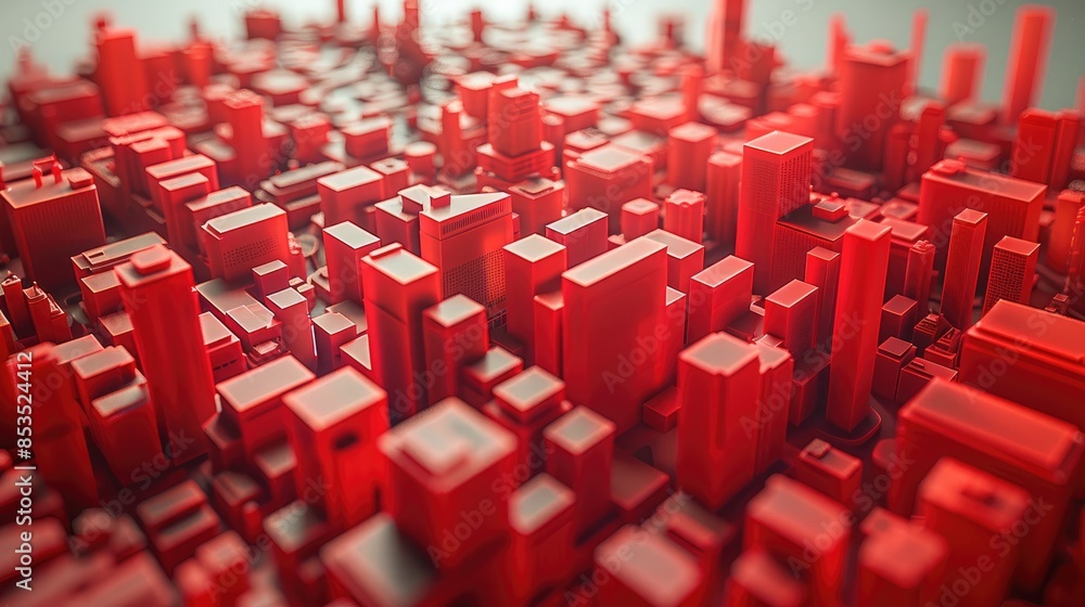 Obraz premium A model of a abstract city, build from rectangle shapes. No windows. All elements are red. Generative AI.