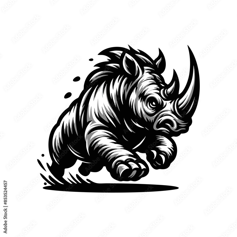 Fototapeta premium Angry running rhinoceros logo design. Rhino horn design vector illustration