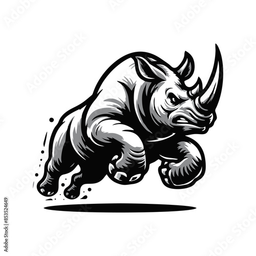 Angry running rhinoceros logo design. Rhino horn design vector illustration