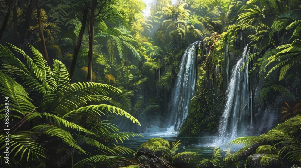 green temperate rainforest landscape illustration nature biodiversity, wildlife moss, ferns waterfall green temperate rainforest