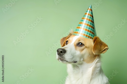 Cute Dog Wearing a Party Hat on Light Green Background photo