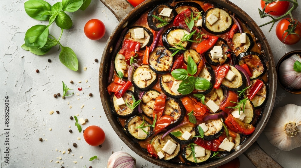 Overhead shot of a pan filled with grilled zucchini, eggplant, cheese, tomatoes, peppers, onions, and fresh herbs, light backdrop, spacious copy area Overhead shot of a pan filled with grilled zucchini, eggplant, cheese, tomatoes, peppers, onions, and fresh herbs, light backdrop, spacious copy area