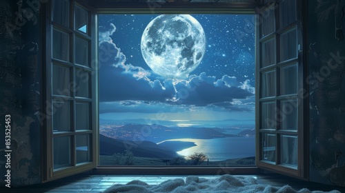 Massive moon seen through an expansive window, immersive and detailed digital art, tranquil night sky, realistic and serene atmosphere photo