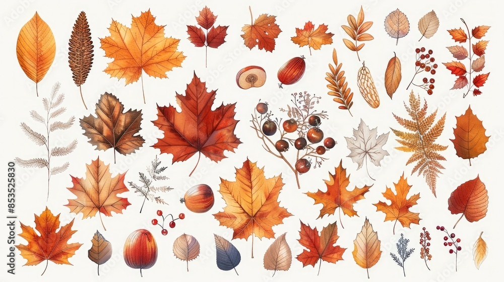 Autumn leaves and berries flat vector set isolated on white background ...