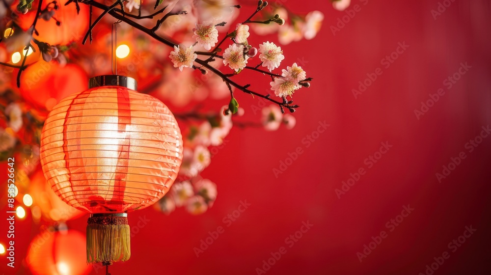 Chinese new year banner with lantern and flowers on blue background. Vector illustration for banner, flyers, posters, greeting cards, invitation Chinese new year banner with lantern and flowers on blue background. Vector illustration for banner, flyers, posters, greeting cards, invitation