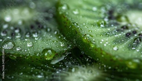 Close-up macro shot of fresh green kiwi slices with water droplets on the surface, showcasing vibrant texture and freshness.