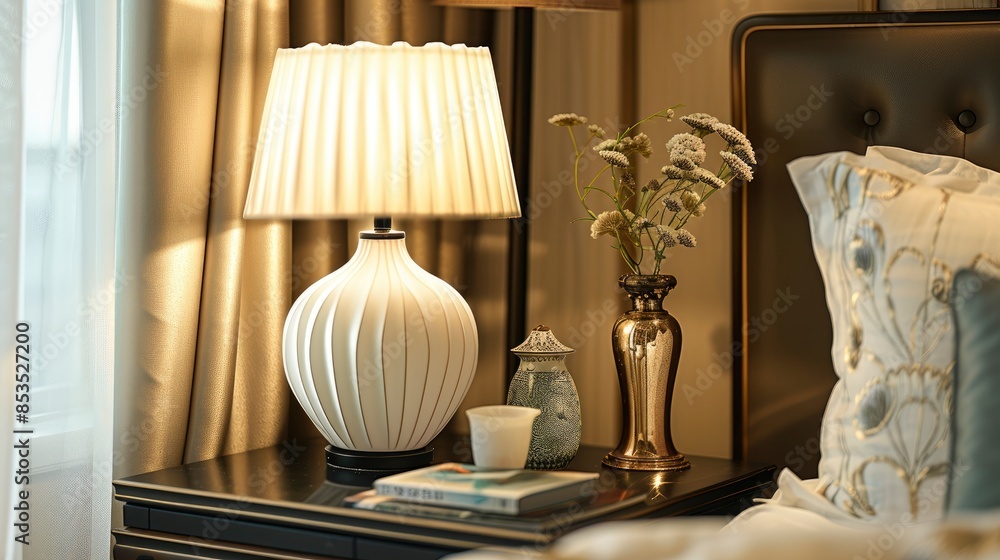 An Elegant Lamp And Decorative Vase On A Bedside Table, High Quality, HD An Elegant Lamp And Decorative Vase On A Bedside Table, High Quality, HD