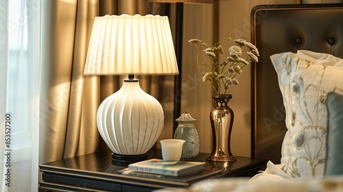 An Elegant Lamp And Decorative Vase On A Bedside Table, High Quality, HD