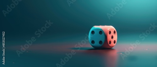 Close-up of a single die with red and blue lighting. This minimalist photo captures the essence of chance and randomness. photo