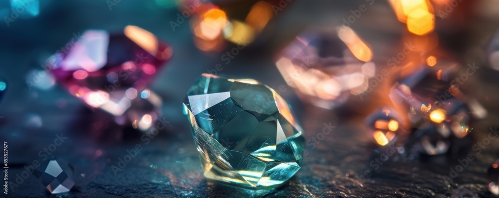 Close-up of colorful gemstones with sparkling lights in the background, showcasing their brilliance and allure. Close-up of colorful gemstones with sparkling lights in the background, showcasing their brilliance and allure.