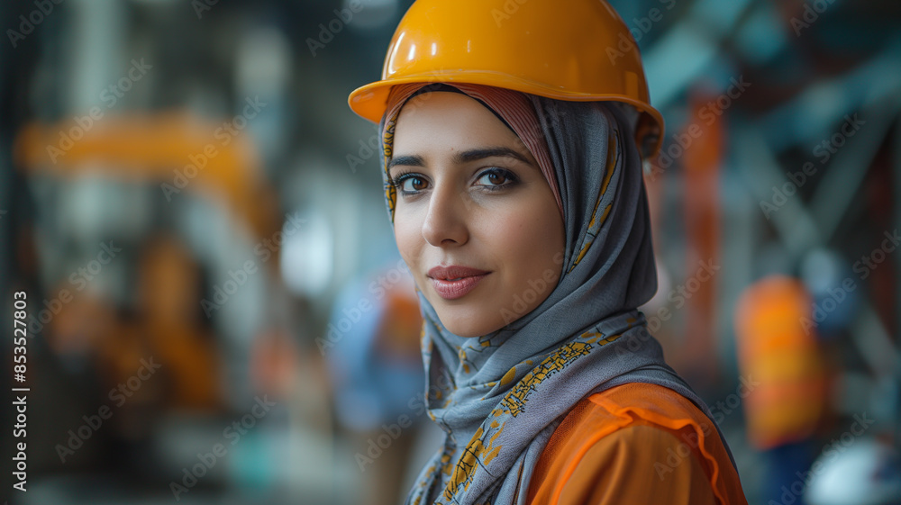 Hijab-wearing woman in safety gear and helmet, overseeing construction site operations
Hijab-wearing woman in safety gear and helmet, overseeing construction site operations