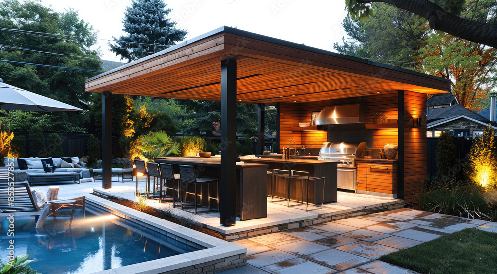 Modern outdoor kitchen in the gazebo. Generative AI. Modern outdoor kitchen in the gazebo. Generative AI.