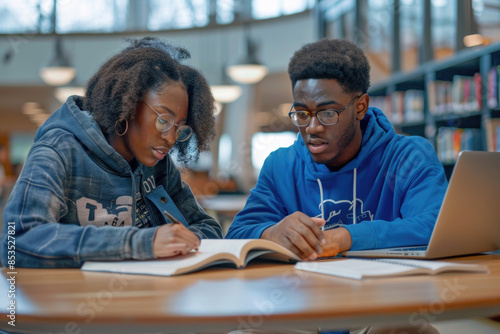 African American students studying together in a library