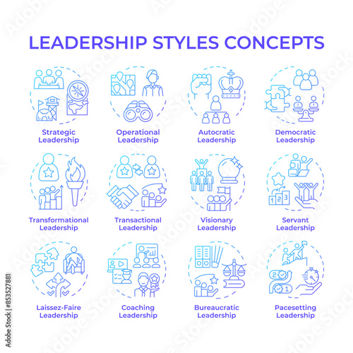 Leadership styles blue gradient concept icons. Professional development, military command. Icon pack. Vector images. Round shape illustrations for infographic, presentation. Abstract idea