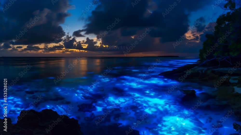 Bioluminescent waves glowing under a dark night sky with clouds and a ...