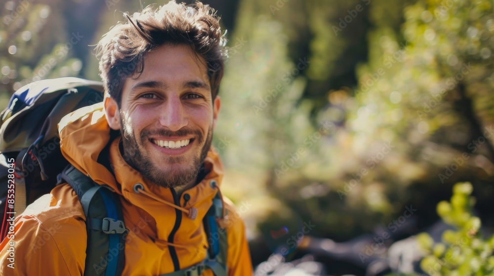 Portrait, sunshine and hiking with man, fitness and journey with nature, smile and getaway trip. Wellness, person and hiker Portrait, sunshine and hiking with man, fitness and journey with nature, smile and getaway trip. Wellness, person and hiker