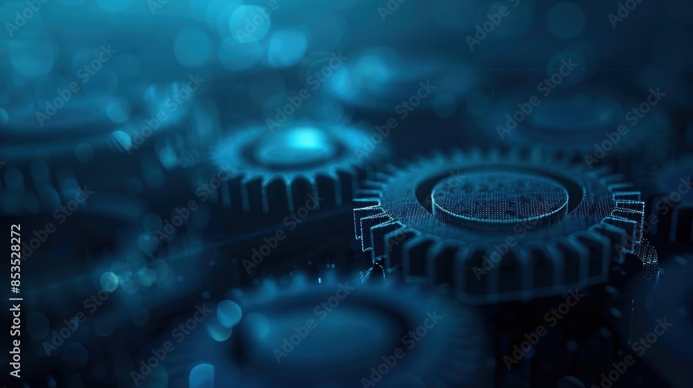 Close-up of interlocking gears in a mechanical system, highlighting technology, industry, and engineering in a dark blue tone. Close-up of interlocking gears in a mechanical system, highlighting technology, industry, and engineering in a dark blue tone.
