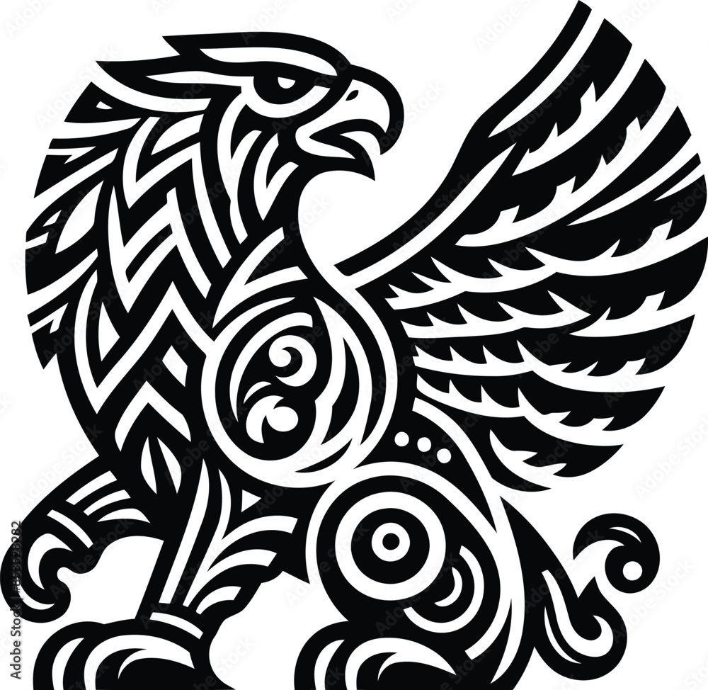 griffin silhouete with Polynesian ethnic pattern illustration griffin silhouete with Polynesian ethnic pattern illustration