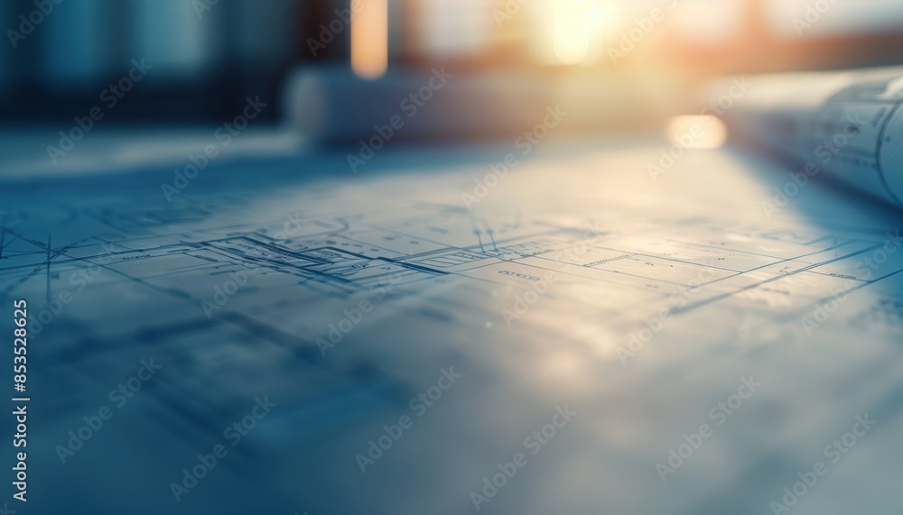 Close-up view of architectural blueprints with sunlight. Concept of construction, planning, architecture, and design. Professional workspace. Close-up view of architectural blueprints with sunlight. Concept of construction, planning, architecture, and design. Professional workspace.