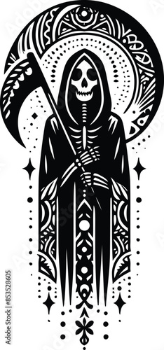 grim reaper in silhouete with bohemian nature pattern illustration