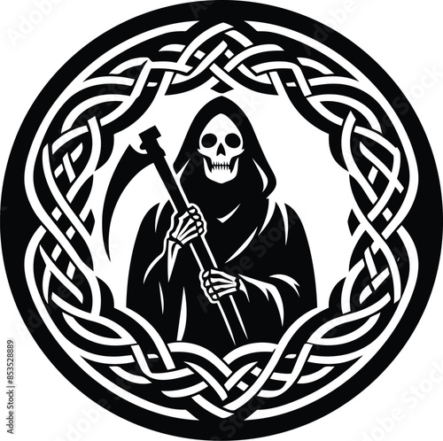 grim reaper in silhouete with celtic knot pattern illustration