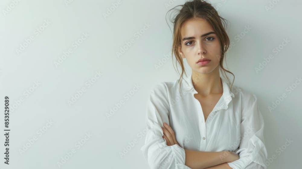 sad office girl, europe woman sulking and frowning disappointed, standing upset and distressed against white background sad office girl, europe woman sulking and frowning disappointed, standing upset and distressed against white background