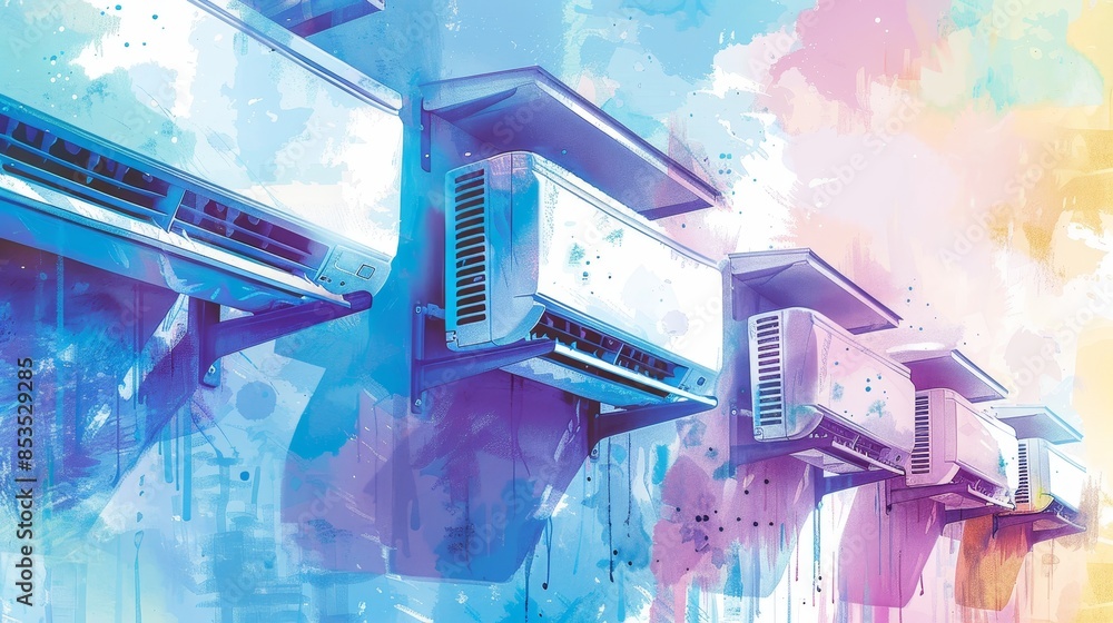 Watercolor illustration of multiple air conditioning units on hanging wall shelves, closeup view, showcasing high electricity consumption, vivid and detailed Watercolor illustration of multiple air conditioning units on hanging wall shelves, closeup view, showcasing high electricity consumption, vivid and detailed
