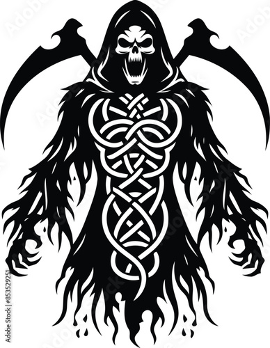 grim reaper in silhouete with celtic knot pattern illustration