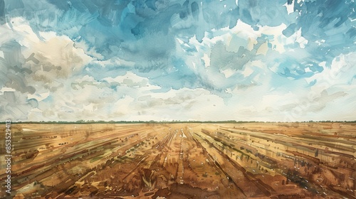 Wide-angle watercolor scene of a monoculture field, no greenery, diminished biodiversity, somber colors and empty expanses photo