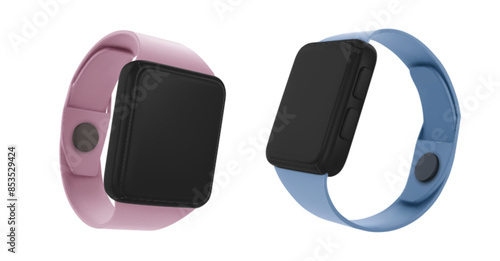 Smartwatch with blank screen and color wrist band side angle view. Realistic 3d vector set of electronic gadget mockup. Wearable intelligent wristwatch accessory for business and health care