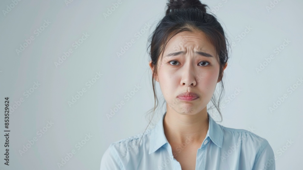 sad office girl, asian woman sulking and frowning disappointed, standing upset and distressed against white background sad office girl, asian woman sulking and frowning disappointed, standing upset and distressed against white background