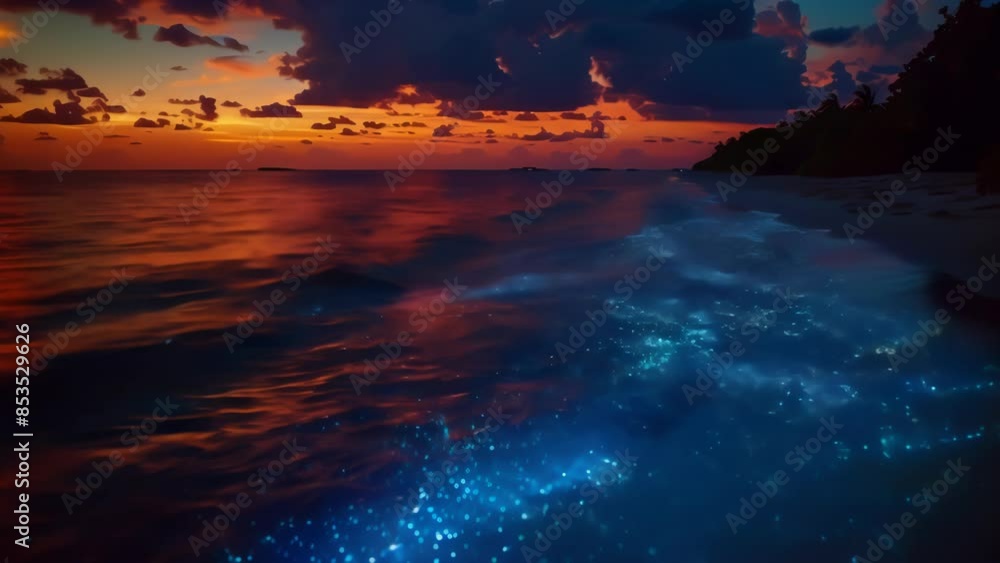 Bioluminescent waves glowing under a dark night sky with clouds and a ...