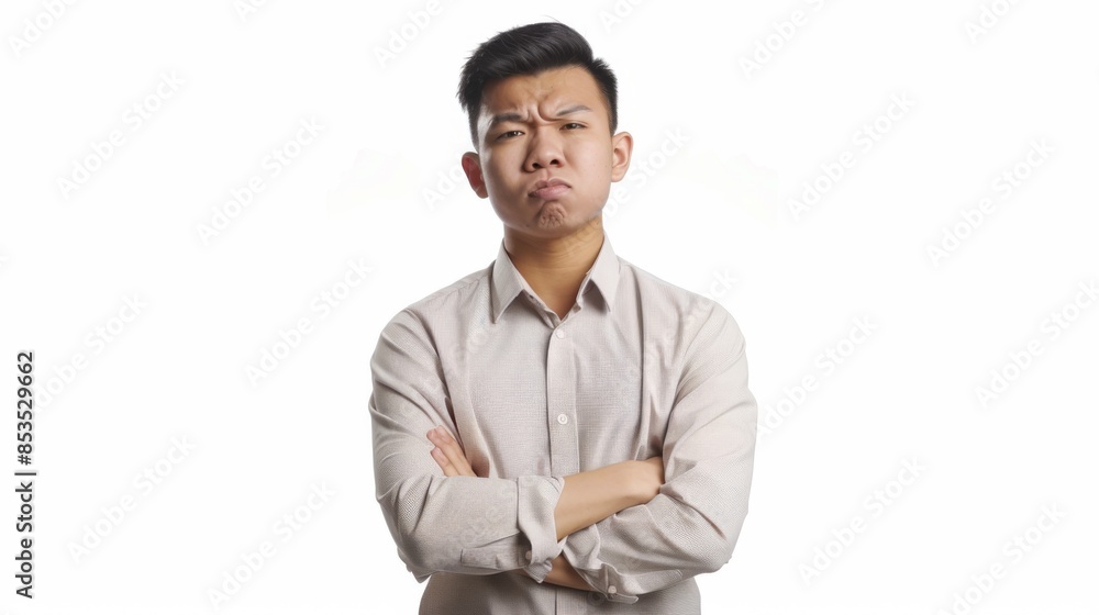 sad office, asian man sulking and frowning disappointed, standing upset and distressed against white background sad office, asian man sulking and frowning disappointed, standing upset and distressed against white background