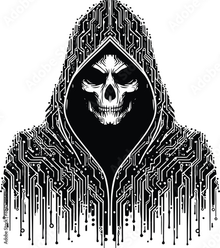 grim reaper silhouete with cyberpunk pattern illustration