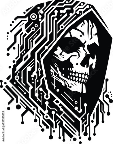 grim reaper silhouete with cyberpunk pattern illustration