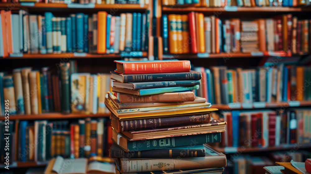 Stack of books overflowing with knowledge in library Stack of books overflowing with knowledge in library