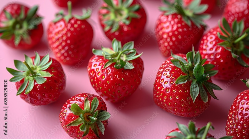 Composition with ripe red strawberries on light pink background Composition with ripe red strawberries on light pink background
