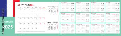 Annual calendar 2025 in French. Yearly planner, 12 cards with blank copy space for notes