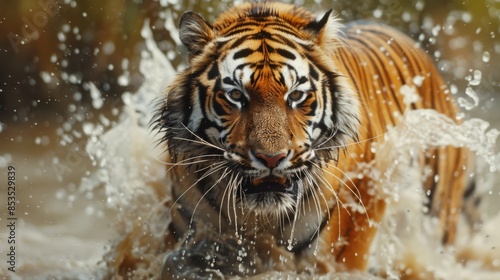 Siberian tiger, Panthera tigris altaica, low angle photo direct face view, running in the water directly at camera with water