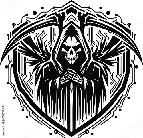 grim reaper silhouete with cyberpunk pattern illustration